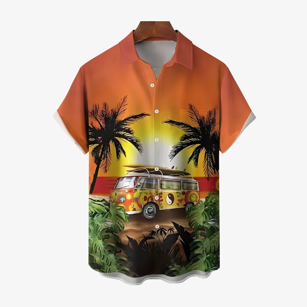 Sunset Coconut Tree And Bus Graphic Digital Print Shirt 2412003082