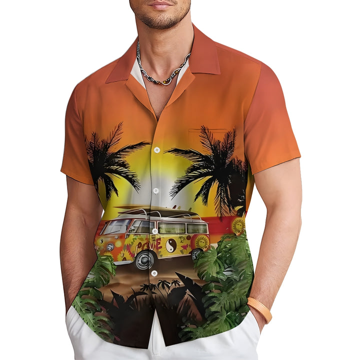 Sunset Coconut Tree And Bus Graphic Digital Print Shirt 2412003082