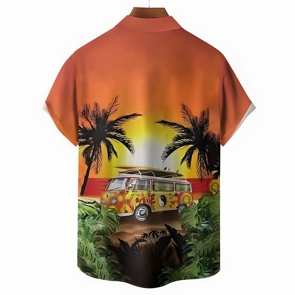 Sunset Coconut Tree And Bus Graphic Digital Print Shirt 2412003082