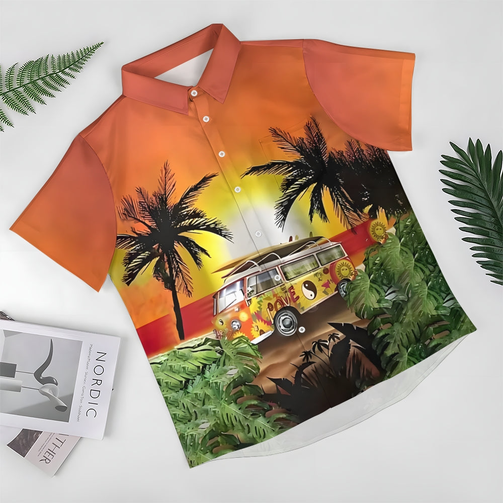 Sunset Coconut Tree And Bus Graphic Digital Print Shirt 2412003082