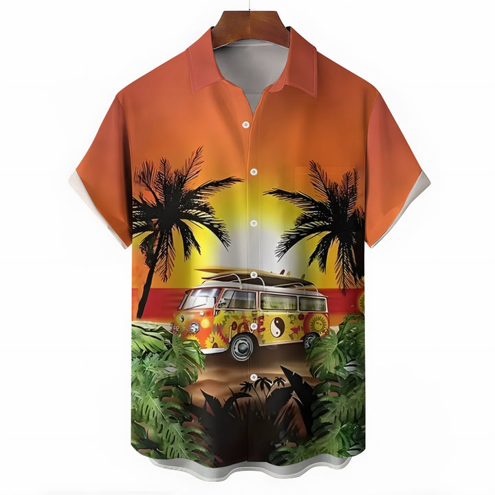 Sunset Coconut Tree And Bus Graphic Digital Print Shirt 2412003082