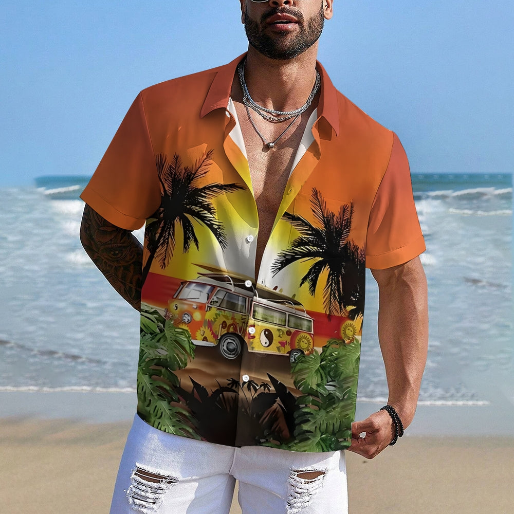 Sunset Coconut Tree And Bus Graphic Digital Print Shirt 2412003082