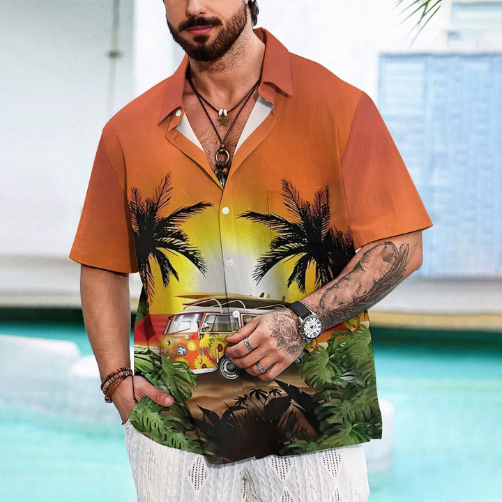 Sunset Coconut Tree And Bus Graphic Digital Print Shirt 2412003082