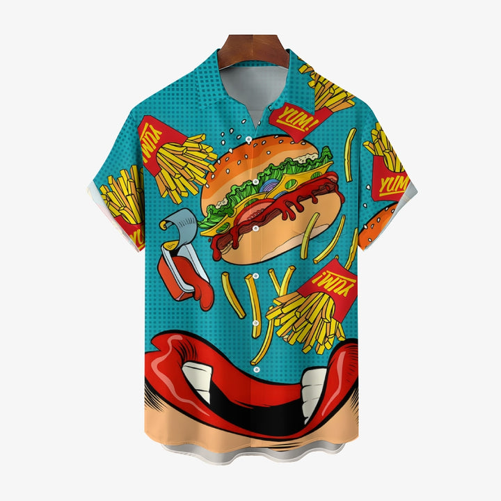 Fries Burger Vintage Button Pocket Casual Short Sleeve Shirt 2412003096