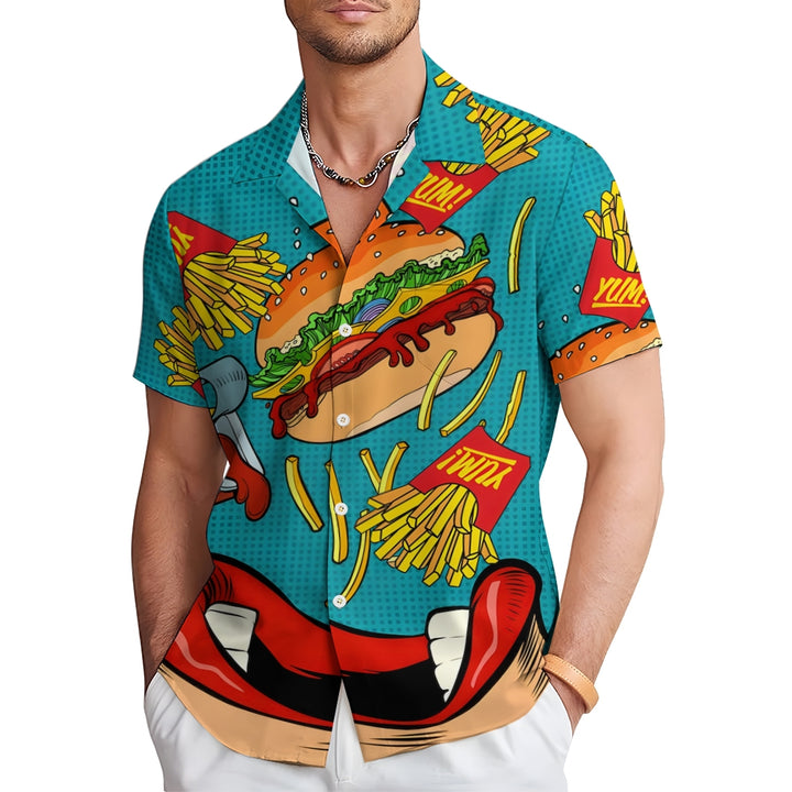 Fries Burger Vintage Button Pocket Casual Short Sleeve Shirt 2412003096