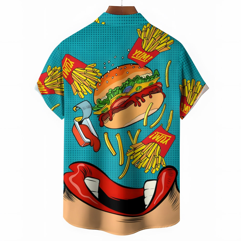 Fries Burger Vintage Button Pocket Casual Short Sleeve Shirt 2412003096