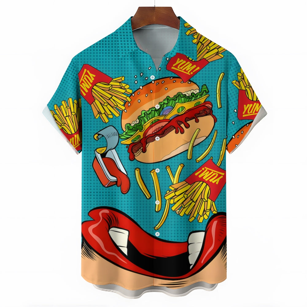 Fries Burger Vintage Button Pocket Casual Short Sleeve Shirt 2412003096