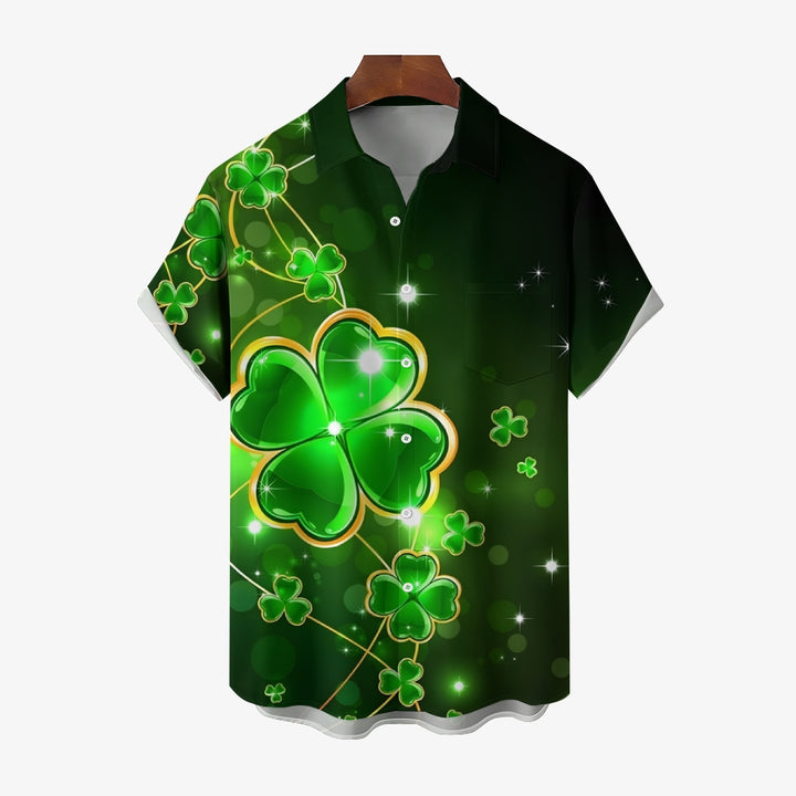 St. Patrick's Day Four Leaf Clover Casual Short Sleeve Shirt 2412003431