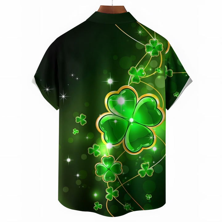 St. Patrick's Day Four Leaf Clover Casual Short Sleeve Shirt 2412003431