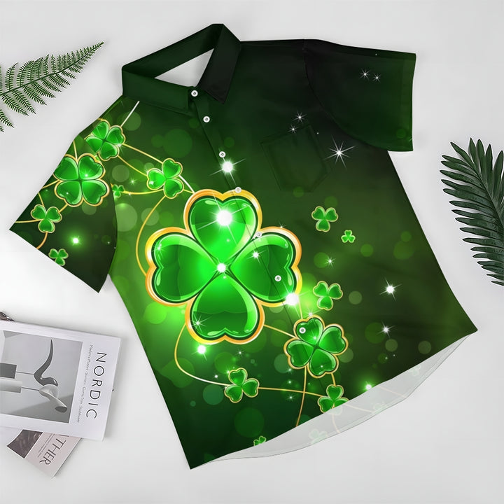 St. Patrick's Day Four Leaf Clover Casual Short Sleeve Shirt 2412003431