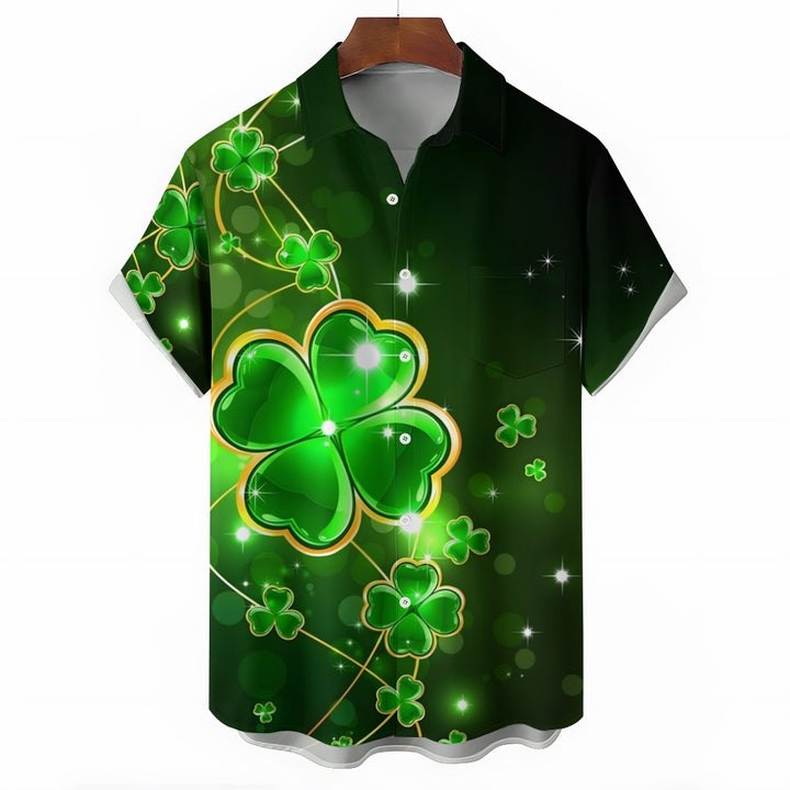 St. Patrick's Day Four Leaf Clover Casual Short Sleeve Shirt 2412003431