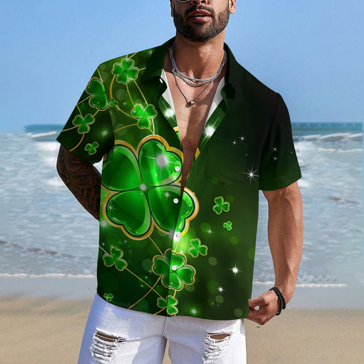 St. Patrick's Day Four Leaf Clover Casual Short Sleeve Shirt 2412003431