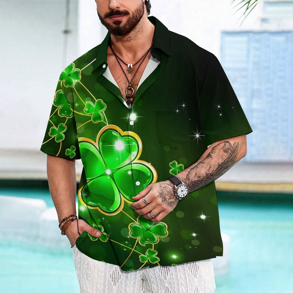 St. Patrick's Day Four Leaf Clover Casual Short Sleeve Shirt 2412003431