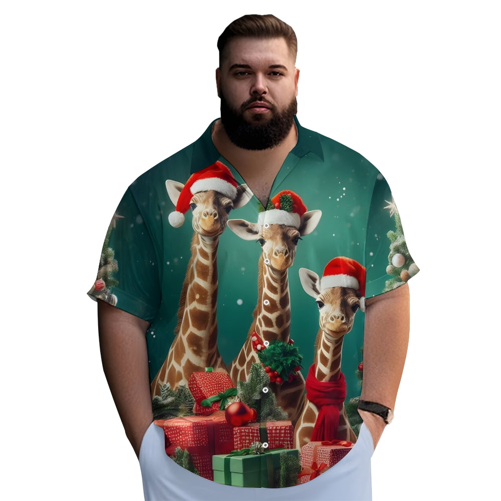 Christmas Santa Claus Hat Giraffe Breast Pocket Casual Shirt