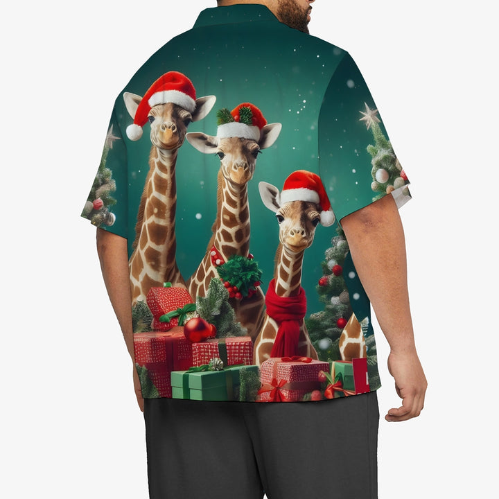 Christmas Santa Claus Hat Giraffe Breast Pocket Casual Shirt