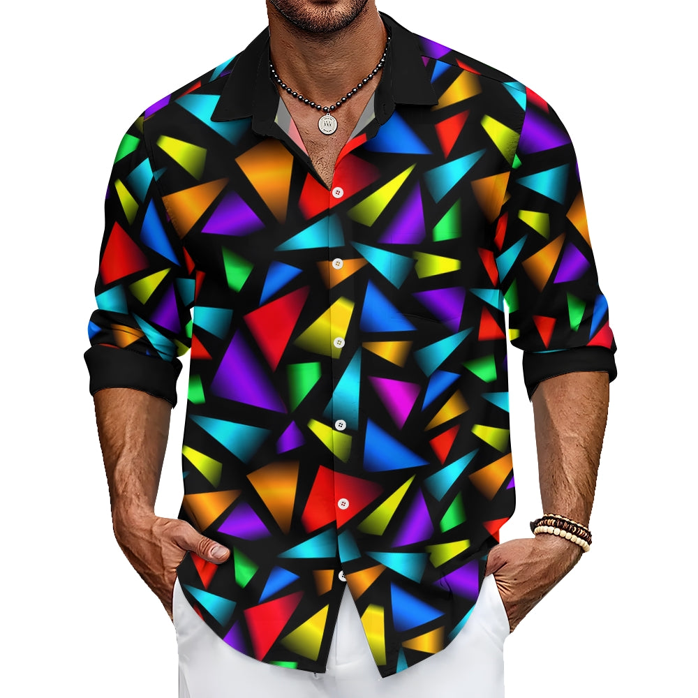 Men's Retro Geometric Color Block Print Long Sleeve Shirt 2412005102