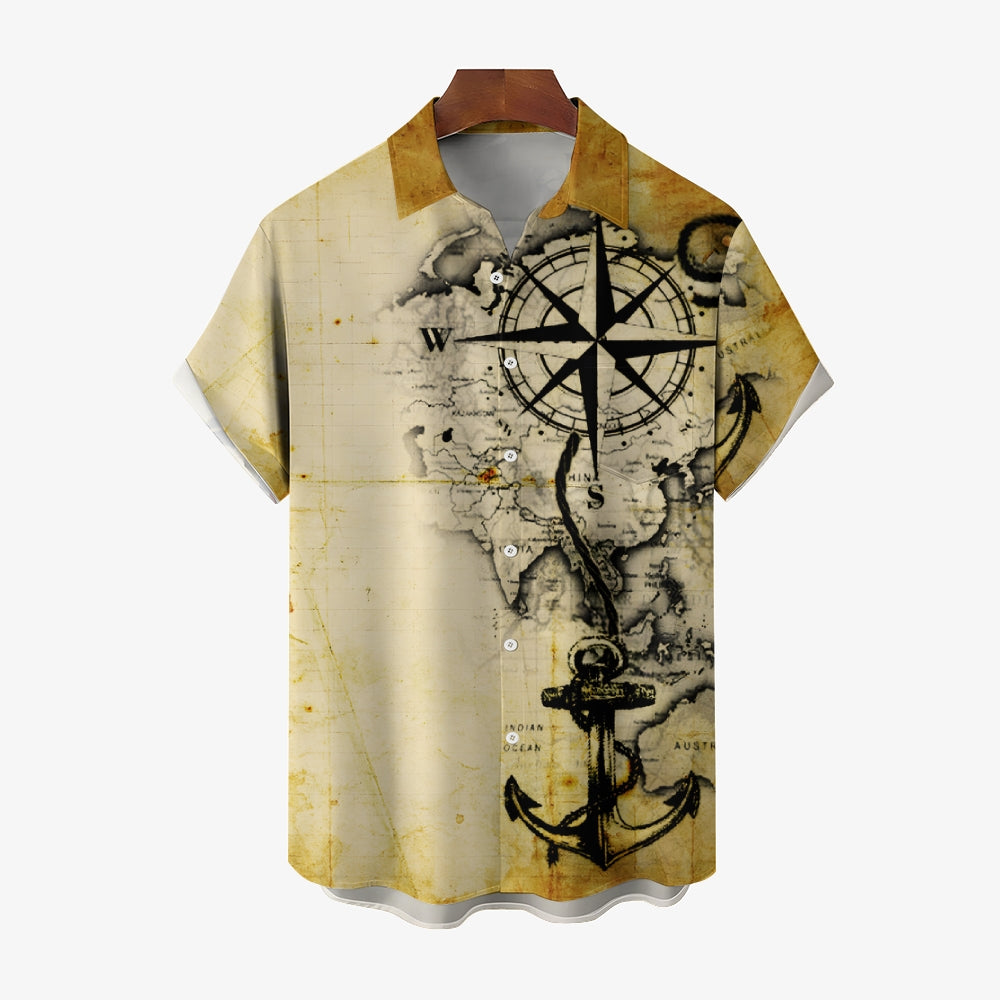 Vintage Nautical Art Compass Anchor Print Pocket Shirt 2412005114