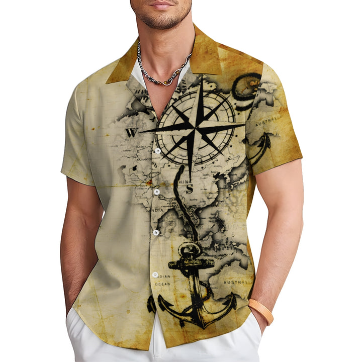 Vintage Nautical Art Compass Anchor Print Pocket Shirt 2412005114