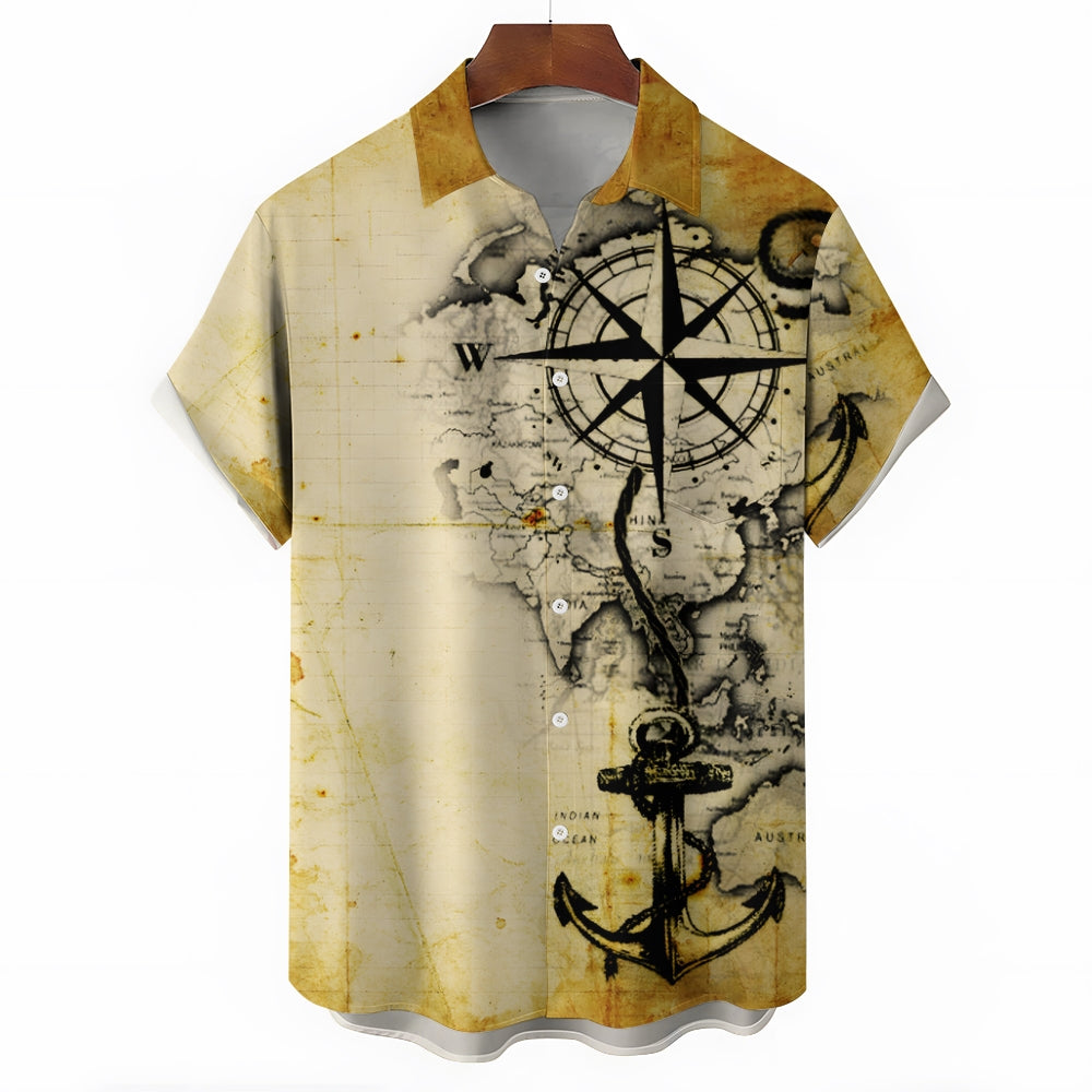 Vintage Nautical Art Compass Anchor Print Pocket Shirt 2412005114