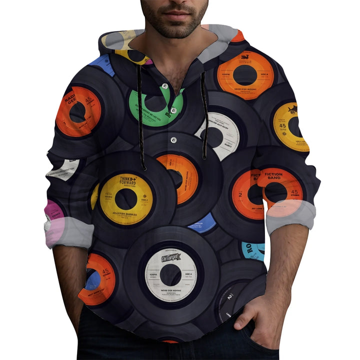 Men's vinyl record print hooded long-sleeved shirt 2412005257