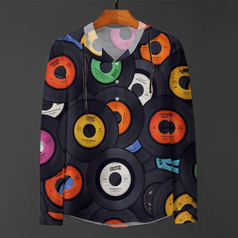 Men's vinyl record print hooded long-sleeved shirt 2412005257