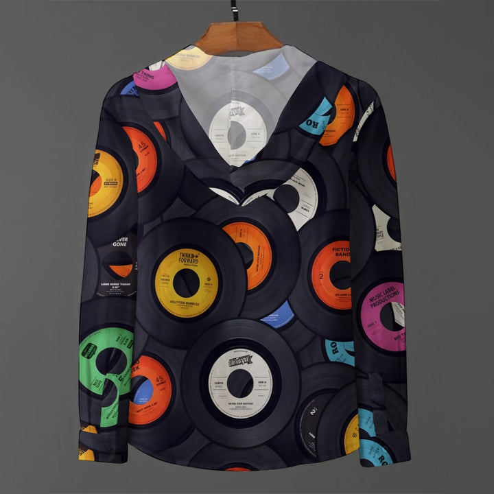 Men's vinyl record print hooded long-sleeved shirt 2412005257