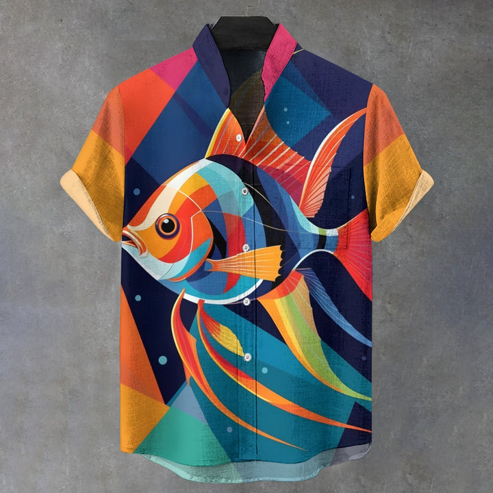 Men's Colorful Patchwork Fish Print Short Sleeve Shirt 2412006298