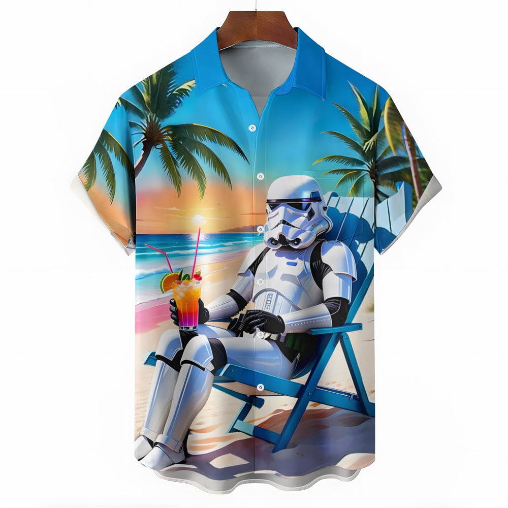 Men's Charming Hawaiian Warrior Casual Vacation Cartoon Print Shirt 2412006732