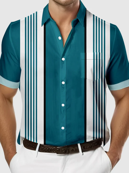 Men's Classic Striped Bowling Short Sleeve Shirt