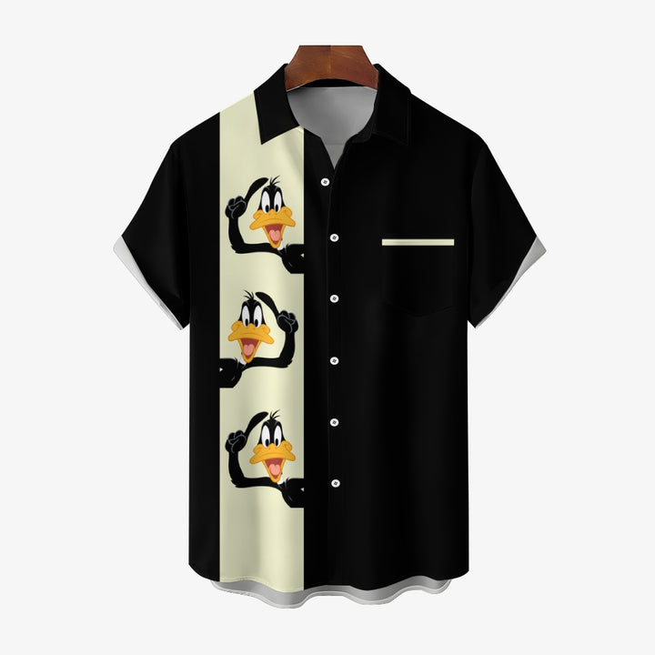 Classic Cartoon Duck Stripe Short Sleeve Casual Bowling Shirt 2412007761