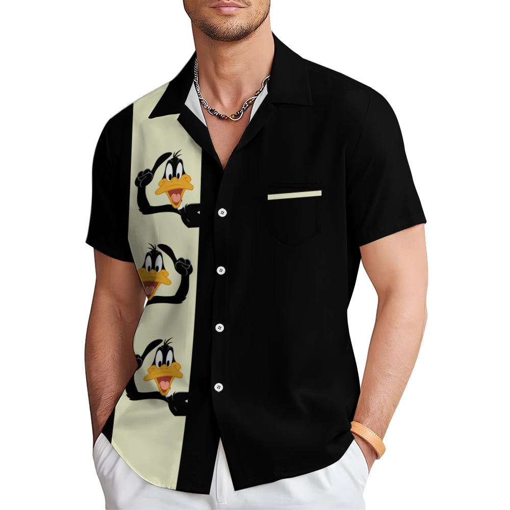 Classic Cartoon Duck Stripe Short Sleeve Casual Bowling Shirt 2412007761