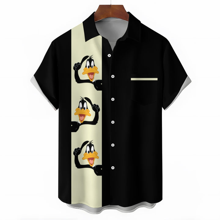 Classic Cartoon Duck Stripe Short Sleeve Casual Bowling Shirt 2412007761