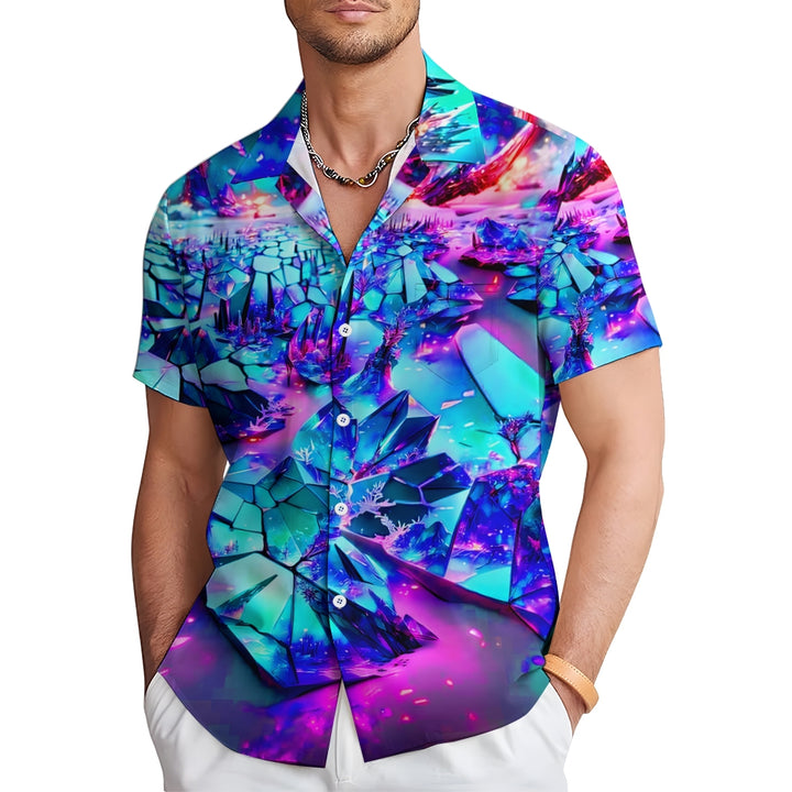 Geometric Gradient Button Pocket Casual Short Sleeve Shirt 2412007767