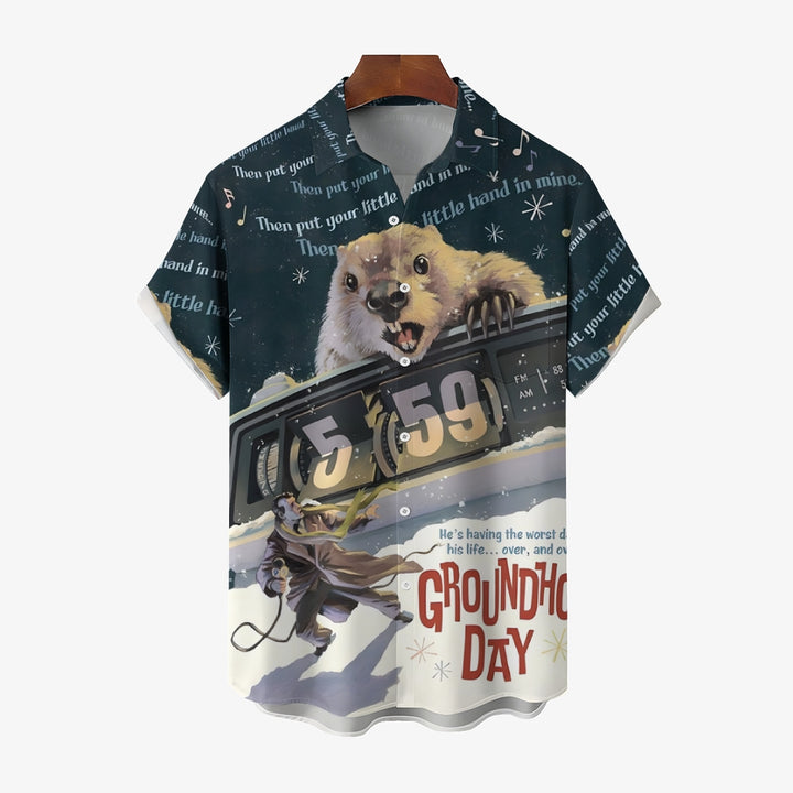 Groundhog Day Cartoon Print Men's Chest Pocket Stretch Hawaiian Shirt Big Tall 2412007805