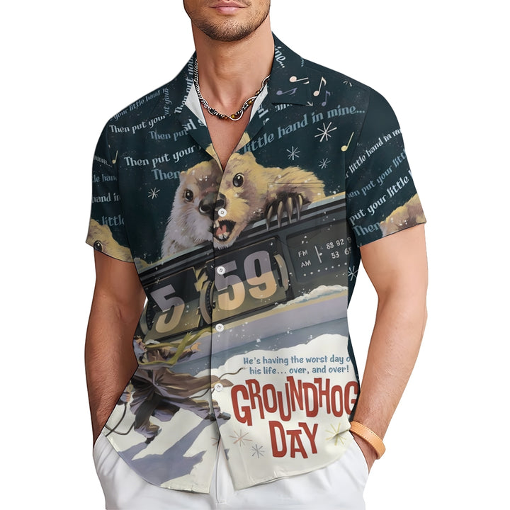 Groundhog Day Cartoon Print Men's Chest Pocket Stretch Hawaiian Shirt Big Tall 2412007805