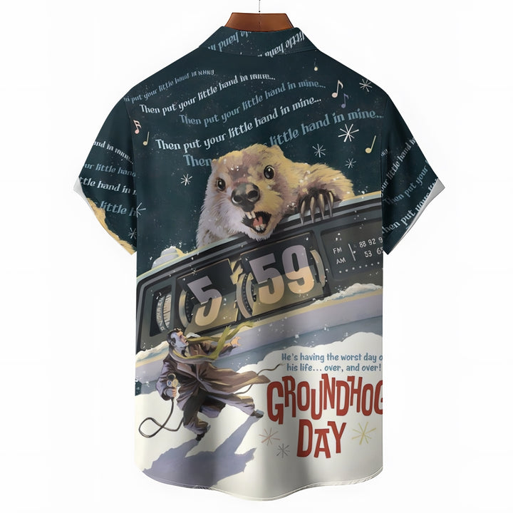 Groundhog Day Cartoon Print Men's Chest Pocket Stretch Hawaiian Shirt Big Tall 2412007805