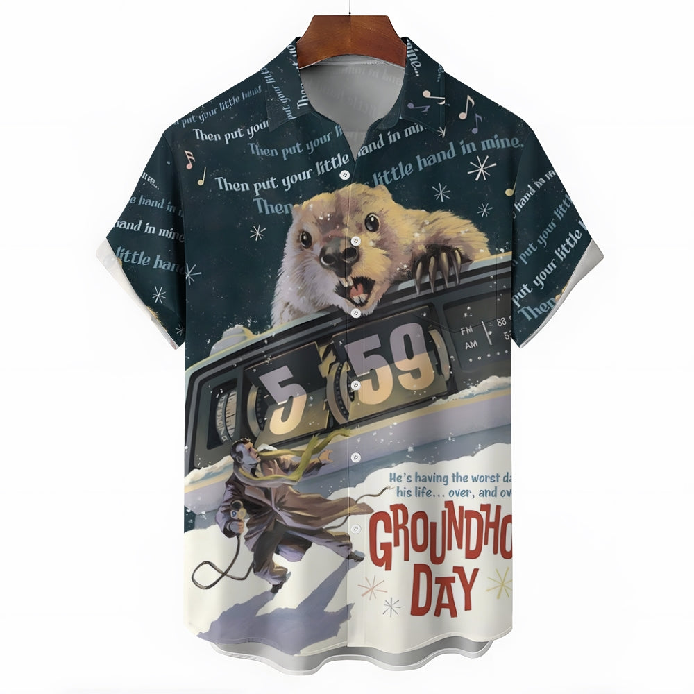 Groundhog Day Cartoon Print Men's Chest Pocket Stretch Hawaiian Shirt Big Tall