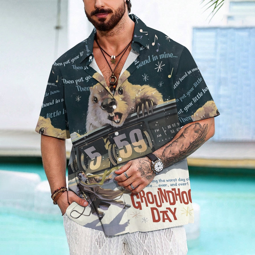 Groundhog Day Cartoon Print Men's Chest Pocket Stretch Hawaiian Shirt Big Tall 2412007805