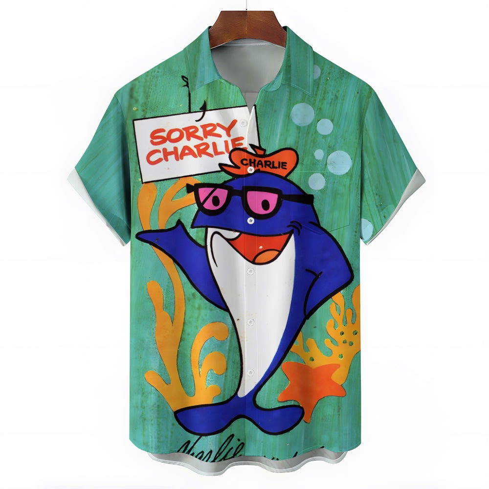 70s Retro Tuna Cartoon Print Hawaiian Short Sleeve Shirt