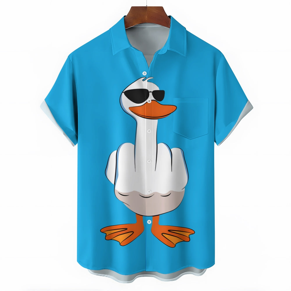 Funny Cartoon Duck Print Men's Button Pocket Short Sleeve Shirt