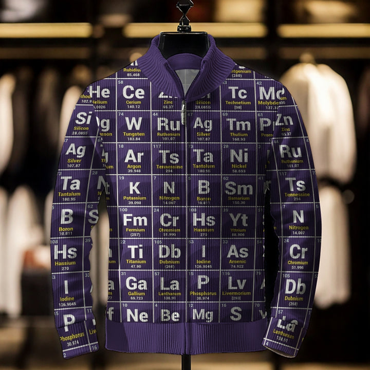 Men's Periodic Table Print Zipper Long Sleeve Sweater Jacket 2412008639