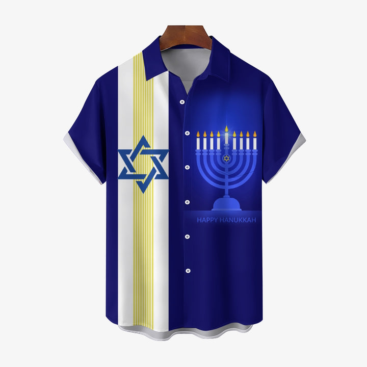 Hanukkah Candle Six-pointed Star Chest Pocket Bowling Shirt 2412009212