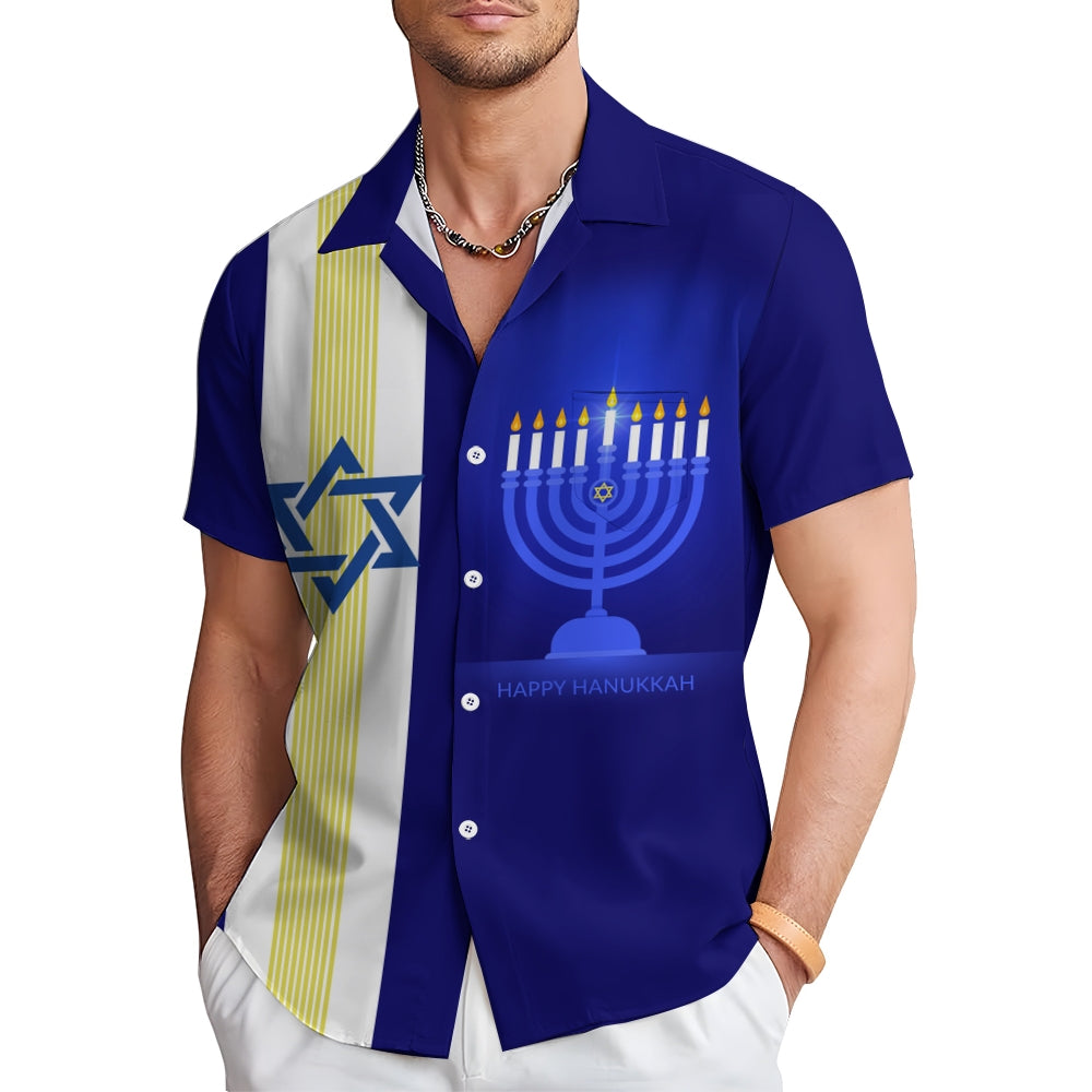 Hanukkah Candle Six-pointed Star Chest Pocket Bowling Shirt 2412009212