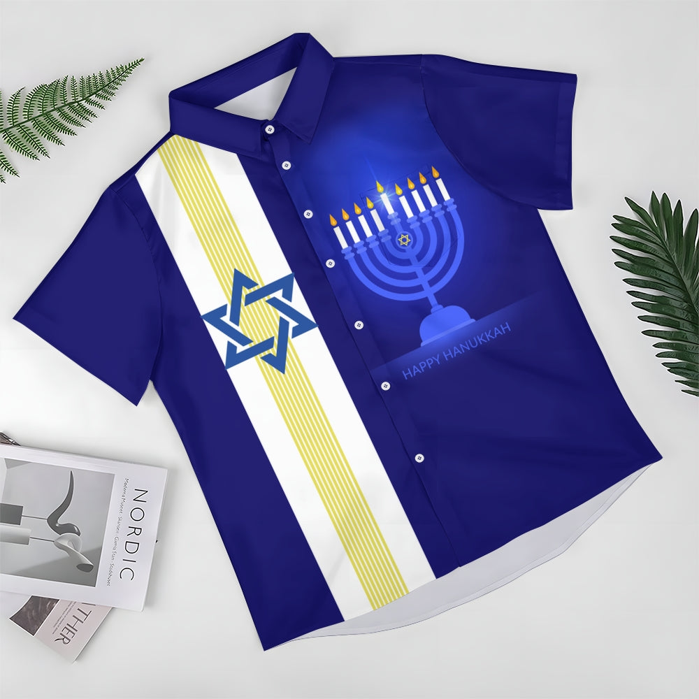 Hanukkah Candle Six-pointed Star Chest Pocket Bowling Shirt 2412009212