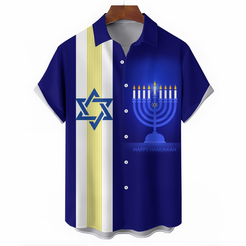 Hanukkah Candle Six-pointed Star Chest Pocket Bowling Shirt