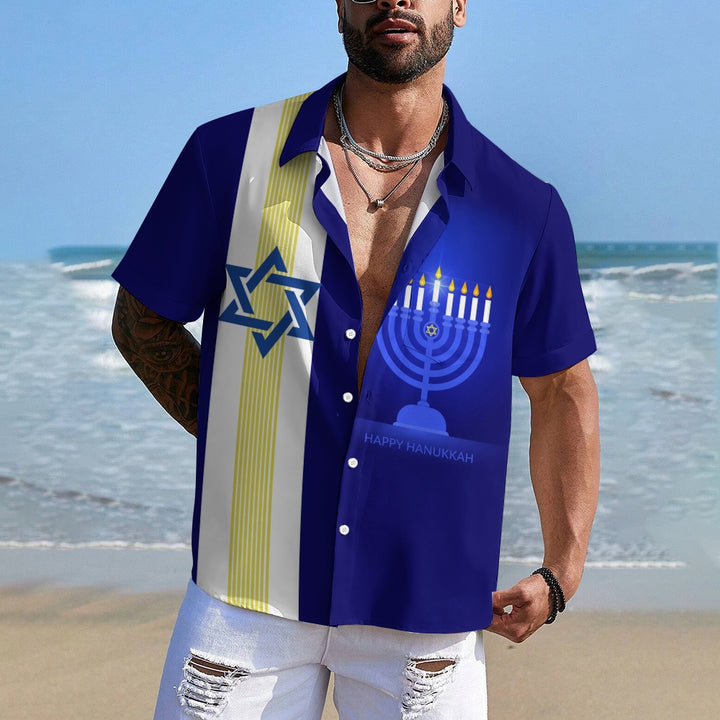 Hanukkah Candle Six-pointed Star Chest Pocket Bowling Shirt 2412009212