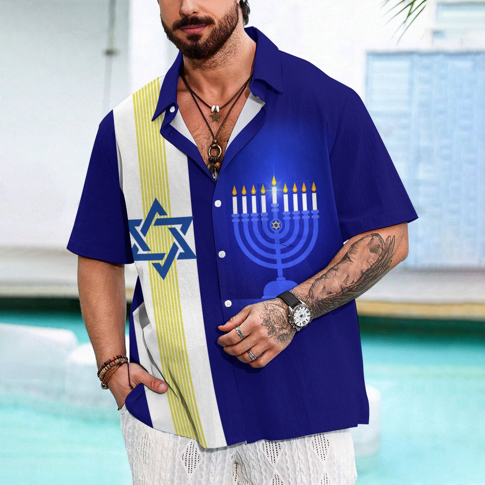 Hanukkah Candle Six-pointed Star Chest Pocket Bowling Shirt 2412009212