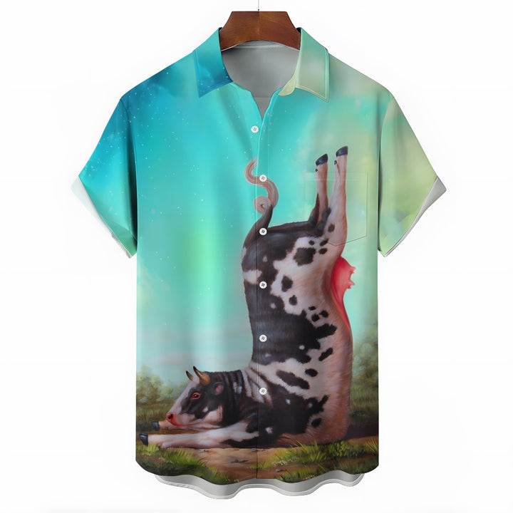 Animal Cow Button Pocket Casual Short Sleeve Shirt