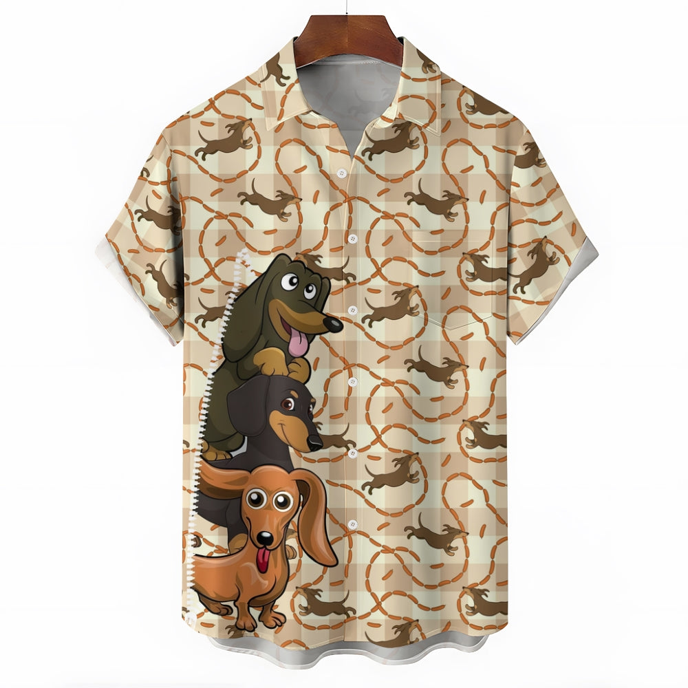 Brown Plaid Background Cartoon Dachshunds Printing Breast Pocket Short Sleeve Shirt