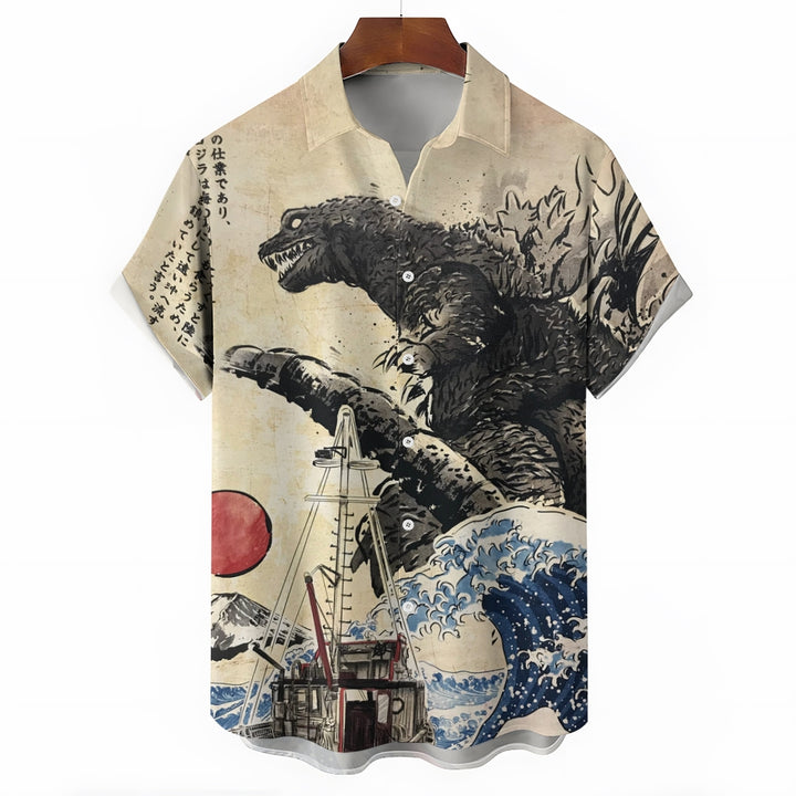 Ukiyo-e Monster Godzilla Casual Short Sleeve Shirt 2404001803